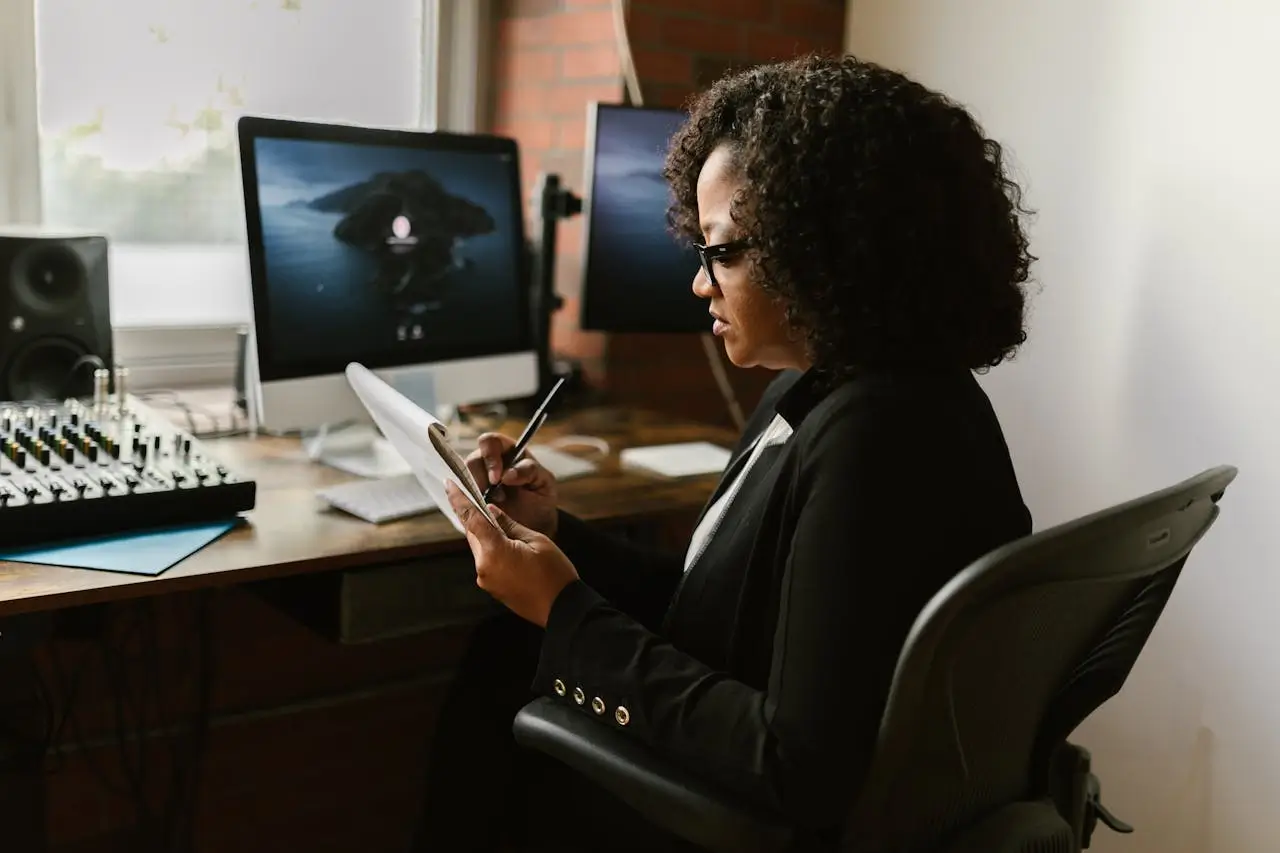 administrative assistant worker curly-haired-woman-in-front-of-a-computer-monitor-seriously-writing-on-a-paper