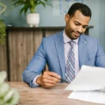 Purchasing Agent with paper in his office